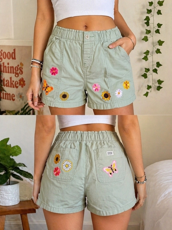 Signature by Levi Strauss Pants - Signature by Levi Strauss Sage Green Embroidered Floral & Butterfly Cargo Shorts